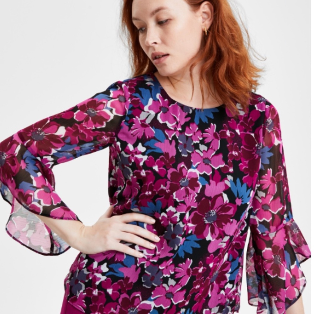 Kasper Women's Floral-Print Ruffle-Sleeve Blouse - Black/Cerise Multi SZ:S/XS - Picture 3 of 3